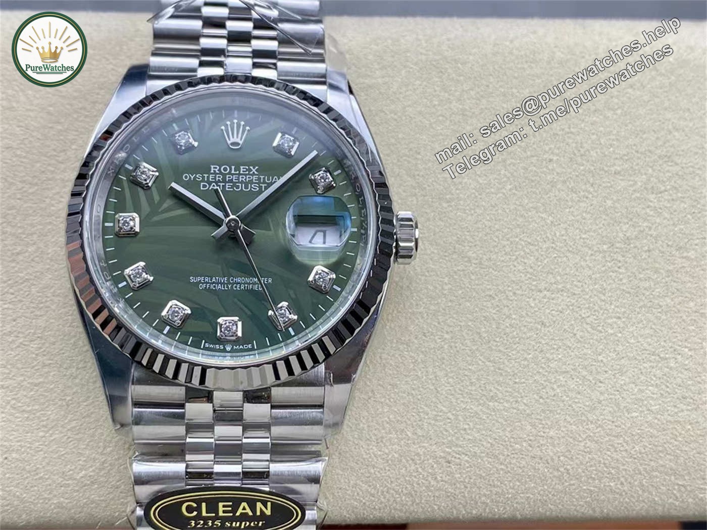 Clean Factory Datejust 36 Palm Motif Dial (Green) – VR3235 Movement