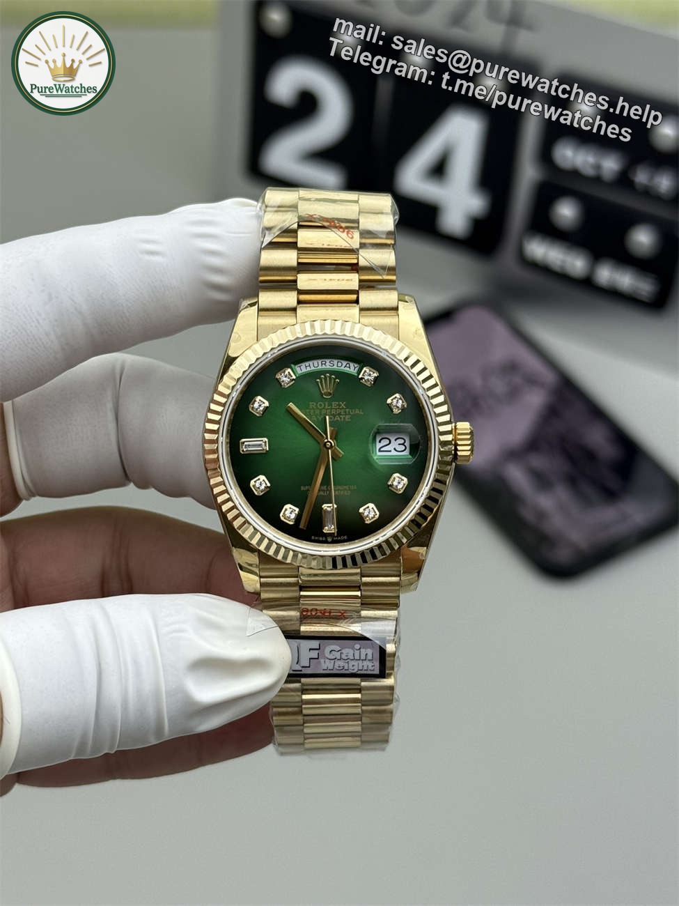 Rolex Day-Date 36 Green Roman Replica (QF Factory) – 158g Tungsten Gold