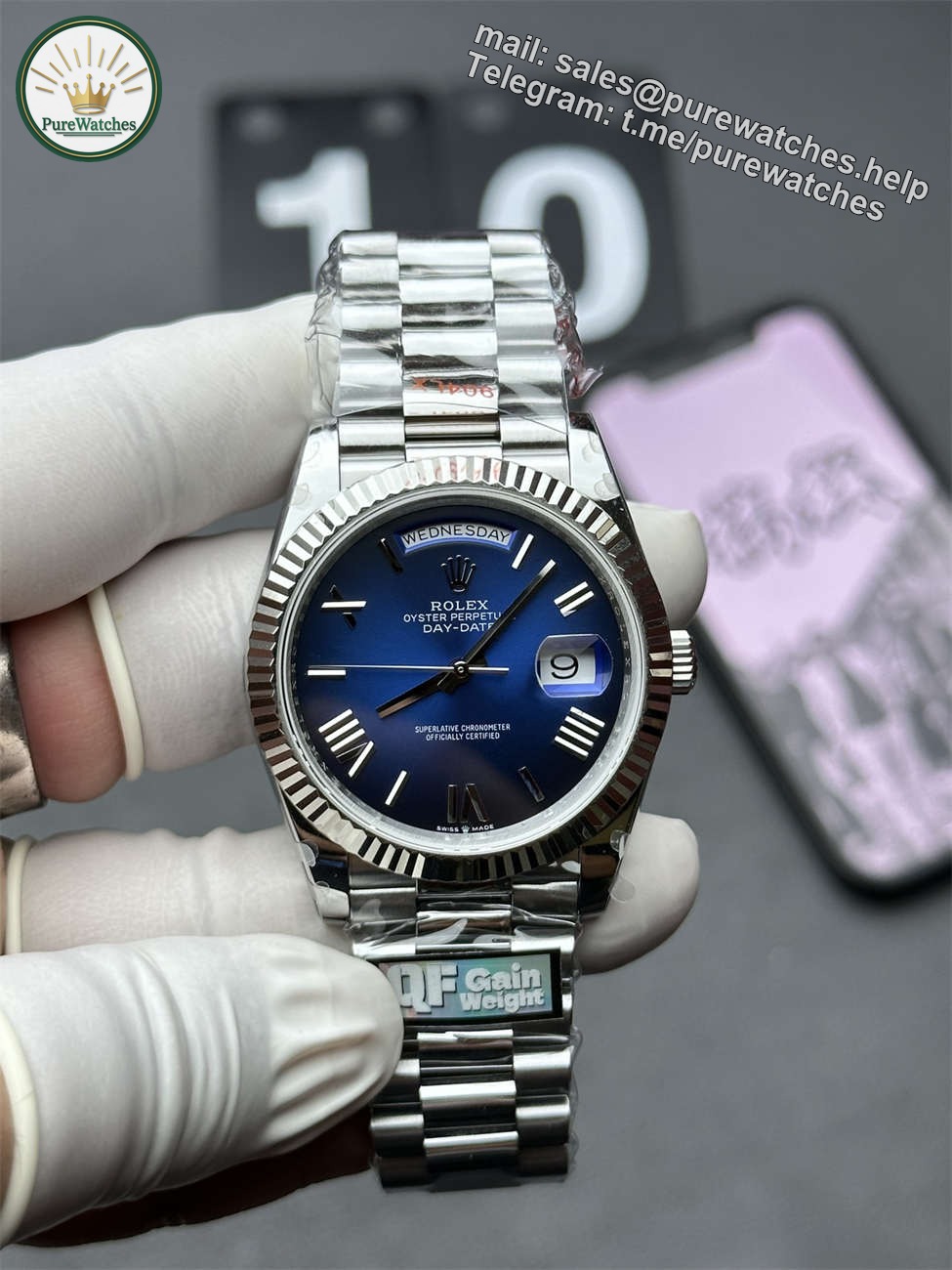 Rolex Day-Date 36 White Gold Replica (QF Factory) – 158g Tungsten Blue Ombré