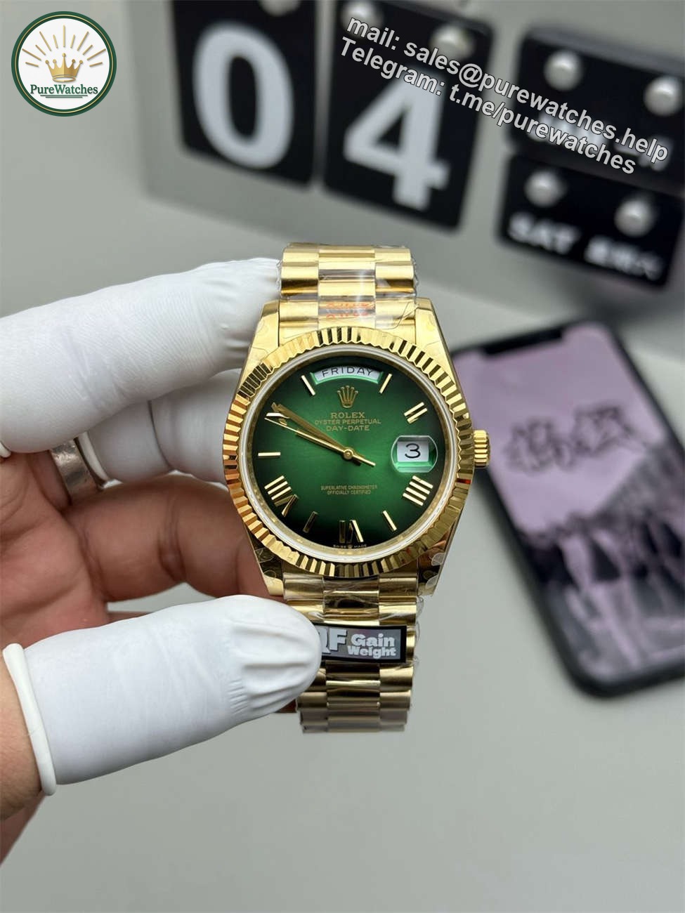 Rolex Day-Date 40 Green Replica (QF Factory) – 195g Heavy Tungsten Gold