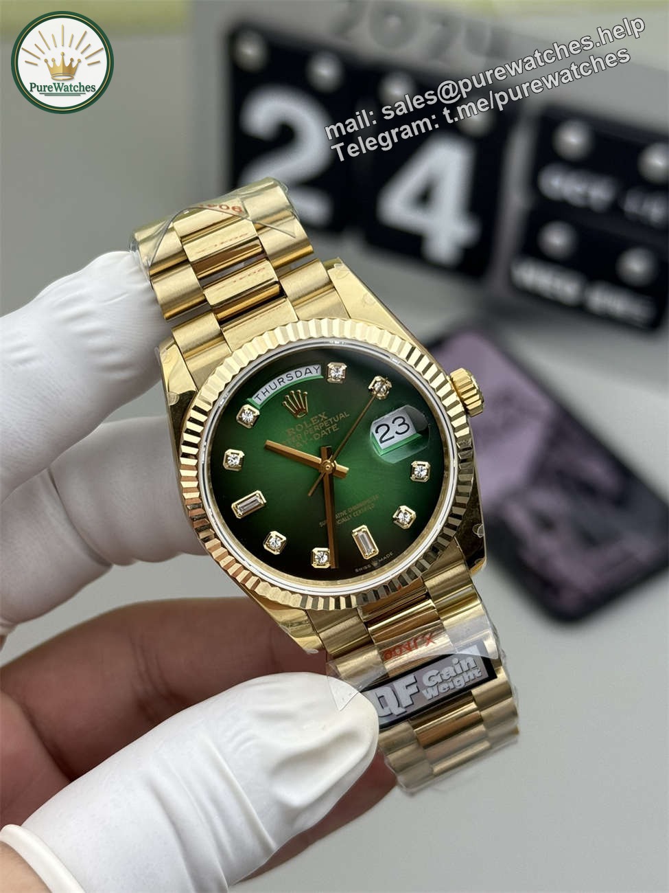 Rolex President 36mm Replica (QF Factory) – 158g Tungsten Green Ombré Diamond - Image 2