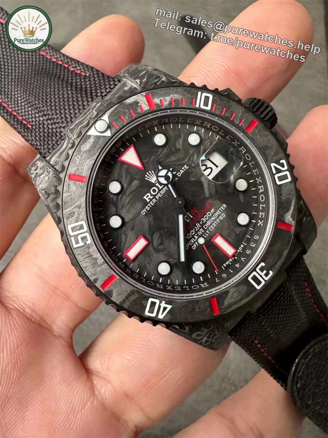 VSF DiW Carbon Submariner Red Edition – 40mm Forged Carbon (VS3135) - Image 3
